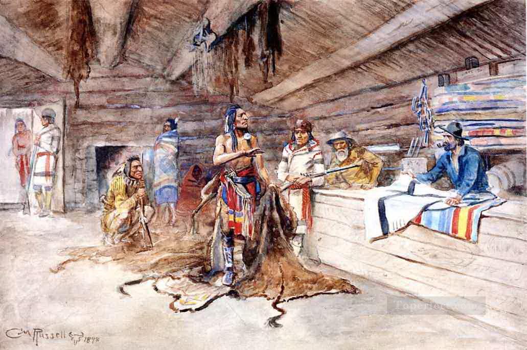 joe kipp s trading post 1898 Charles Marion Russell American Indians Oil Paintings